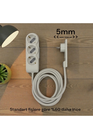 Orvı Prime 3 Lü Uzatma Kablosu 3 Metre Beyaz İnce Fiş Dar Alan Uyumlu 3 M