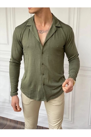 Modefendi Slim Fit %100 Pamuk Triko Kumaş Gömlek Haki