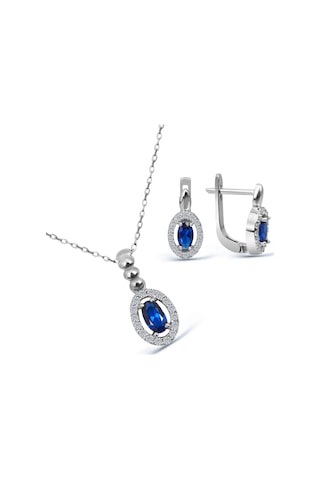 Kuyumcudukkani"oval Zümrüt Renk Taşlı"küpe Ve Kolye Seti- 24127-w-blu Beyaz