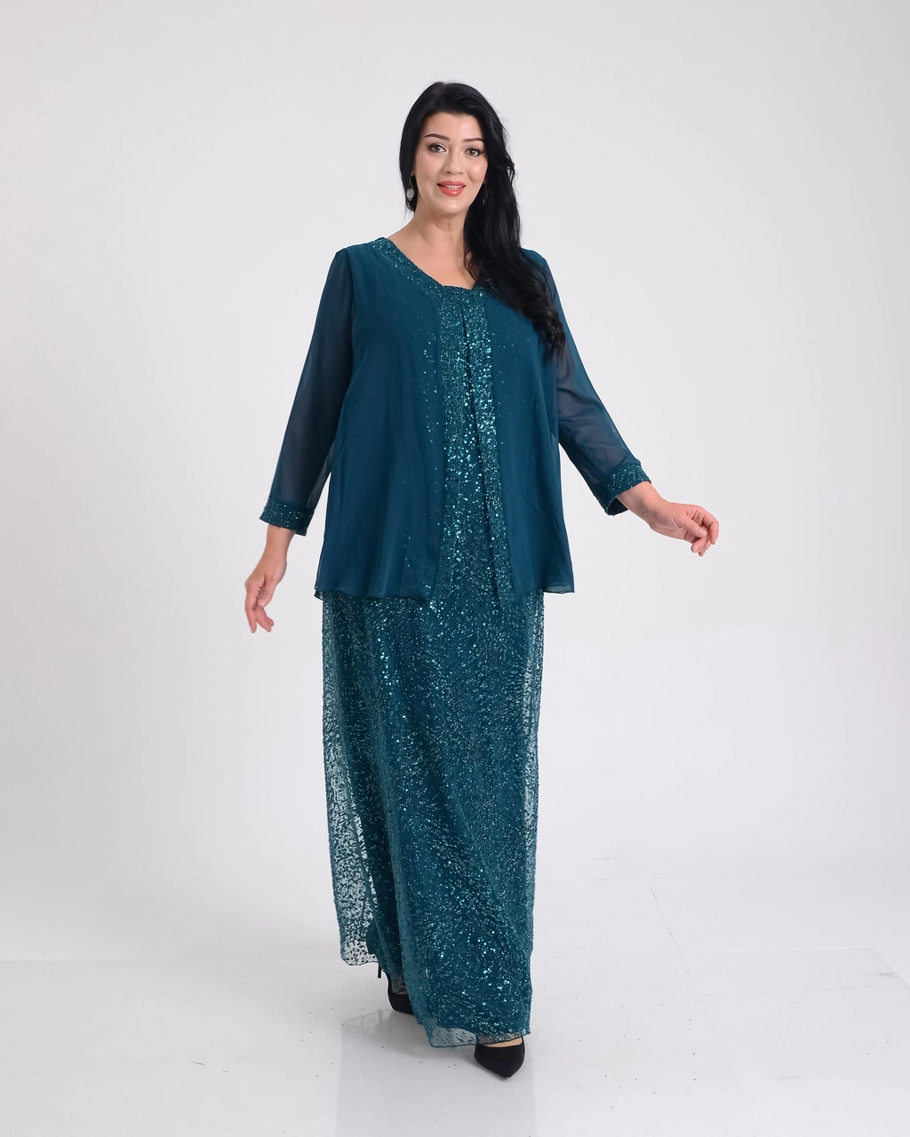 Lilas Xxl Büyük Beden Yeşil Renkli Glitter Baskı Dantelli Şifon Ceketli Uzun Abiye Elbise Yeşil