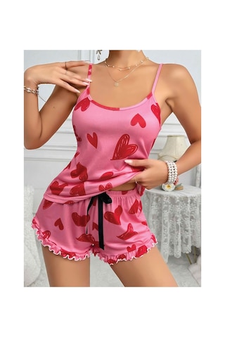Mr Owl Kadın Pembe Kalp Baskılı Şortlu Pijama Takımı