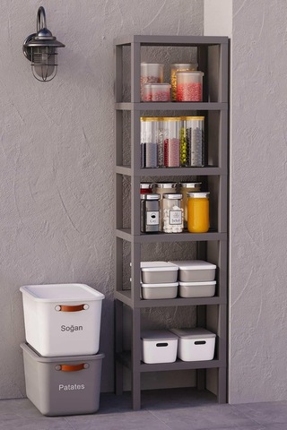 6 Katlı Düzenleyici Plastik Raf Ünitesi, Gri, 150 Cm Yükseklik, Banyo, Mutfak, Salon Rafı Mtfks-om-1108-6lı