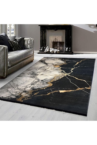 Dijital Kaymaz Yıkanabilir Gold Detaylı Modern Salon Halısı Mutfak Halısı Yolluk Balkon Halısı Gold