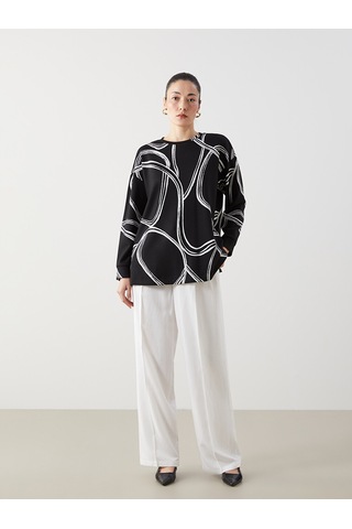 Lcw Everyday Siyah Bisiklet Yaka Desenli Oversize Kadın Sweatshirt