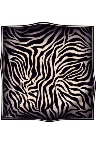 Vissona %100 Twill İpek Zebra Desenli Krem - Siyah Renkli 90x90 Eşarp Dikim Şekli : El Dikişi Çok Renkli