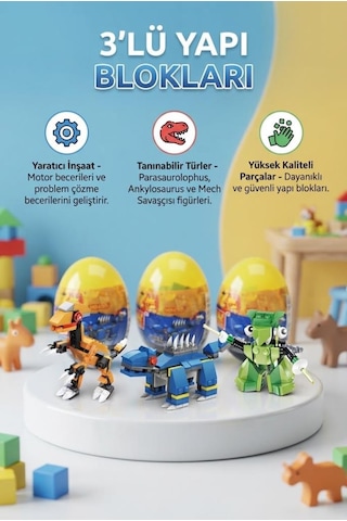 Sürpriz Yumurta 3'lü Set Dinozor Ve Araç Figürlü Yapı Blokları Eğitici Öğretici Parçalı Oyuncak