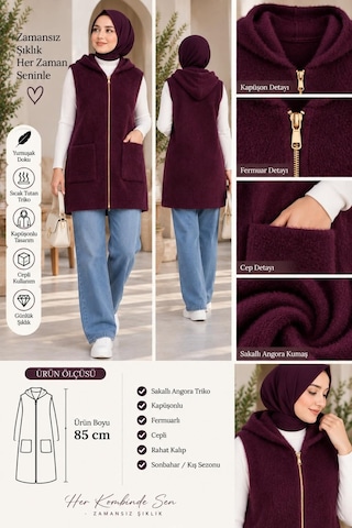 Aymiraa Angora Kumaş Yumoş Triko Kapüşonlu Fermuar Detaylı Yelek Mürdüm Mürdüm