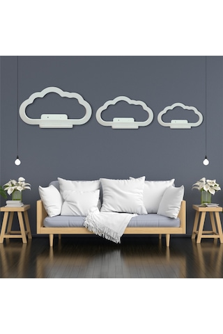 3lü Uçan Bulut Dekoratif Beyaz Ahşap Duvar Rafı Çocuk Odası Salon Mutfak Duvar Dekor Raf Seti Diğer