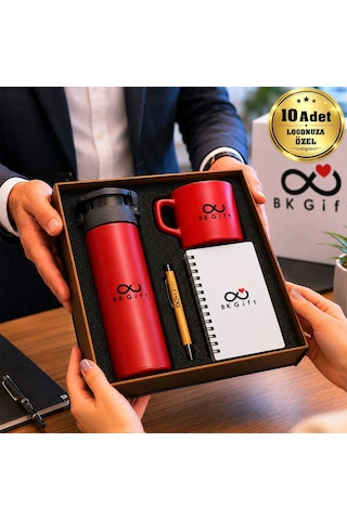 Logonuza Özel 10 Adet Ahşap Kutulu Kırmızı Kurumsal Hediye Seti Cam Suluk, Seramik Fincan, Defter Ve Kalemli Promosyon Seti