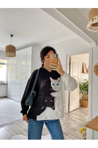 Ramımse Kadın Uzun Kollu Kapşonlu Bağcıklı Kedi Desenli Şardonlu Dalgıç Bluz Desenli