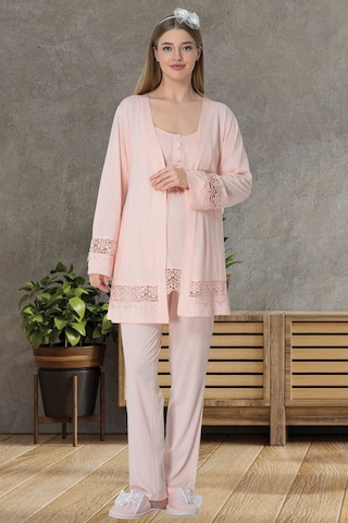 Mecit Pijama Mecit 1525 Pudra Sabahlıklı Lohusa Pijama Takımı