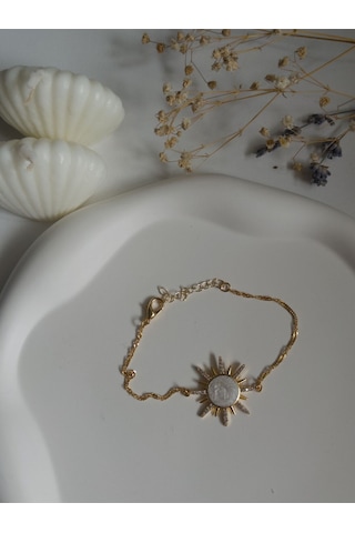 Handmade Pirinç Üzeri Altın Kaplama Güneş Beyaz Bileklik - Sunrise - White Sevgiliye Hediye