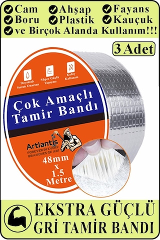 Çok Amaçlı Tamir Bandı 3 Adet Su Geçirmez Sızdırmaz Isıya Dayanıklı Sakız İzole Gri Tamir Bant 48mm 1.5 Metre 3 Adet