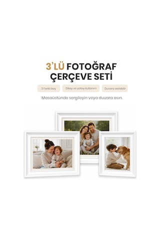 Vusıgn Mdf Beyaz Kabartmalı ,masaüstü Ve Duvar Askılı Fotoğraf Çerçevesi 3'lü Set