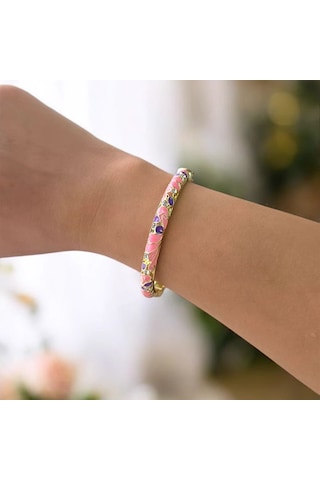 Pembe Mor Yaprak Desenli Mineli Çelik Bilezik Gold