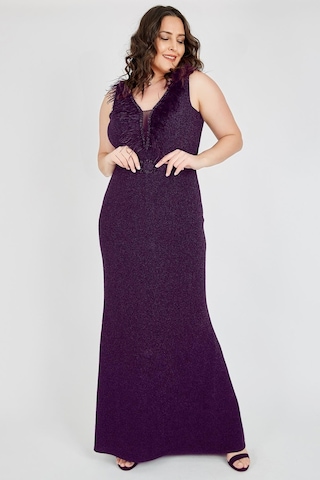 Ladies First Büyük Beden 3472 Patlıcan Moru Uzun Abiye Elbise 001