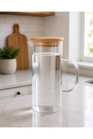 Cam Sürahi 1,5 Litre Bambu Kapaklı, Borosilikat Cam Sürahi, Limonata Sürahisi, Soğuk Çay Ve Meyve Suyu Sürahisi,
