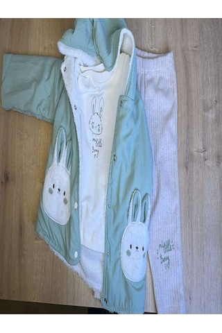 Kıpırık Baby 3'lü Kız Bebek Çocuk İçi Polarlı Ceket 2 İplik Sweatshirt Ve Pantalon Takım-724 Yeşil