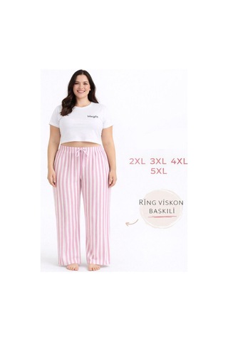 Viskon Pamuklu Kadın Büyük Beden Pudra Pembe Çizgili Pijama Pantolon - Mgb004 - Mudanis