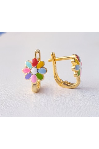 Rengarenk Mineli Klipsli Çiçekli Papatyalı Gümüş Çocuk Küpesi