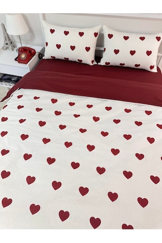 Üntaş Çift Taraflı Nevresim + 2 Adet Yastık Kılıfı Çift Kişilik Nevresim Takımı Kalp Desenli Beyaz - Bordo 200 x 230 Beyaz - Bordo