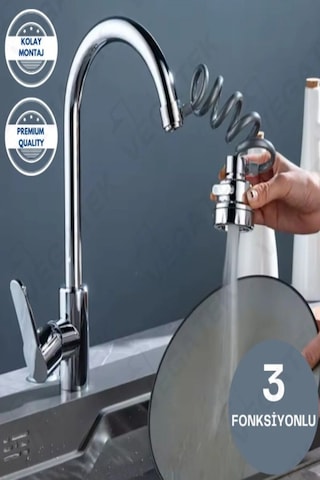 3 Fonksiyonlu Hortumlu Musluk Ucu Gri