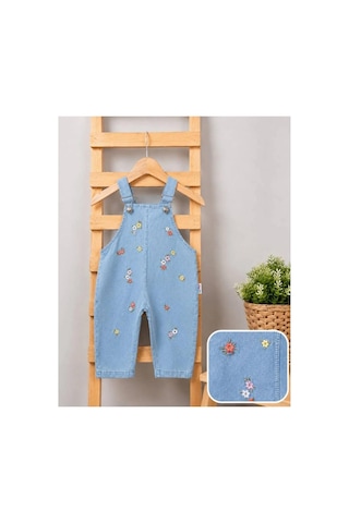 Altıntaş Baby Renkli Çiçek Nakışlı Kot Görünümlü Örme Kumaş Yazlık T-shirt 2li Salopet Set Beyaz Beyaz