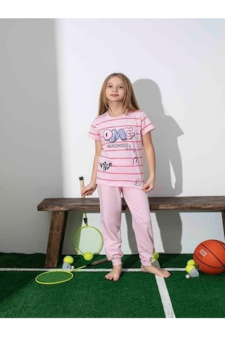 Kız Çocuk Desenli Pembe Pijama Takımı-1259 Pembe