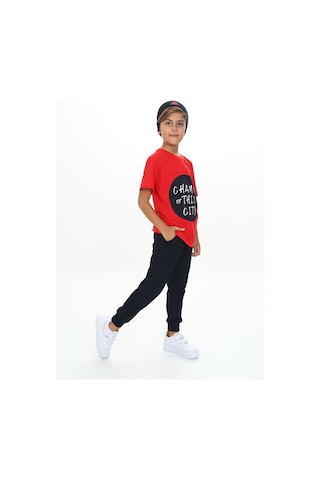 Toontoy Kids Toontoy Erkek Çocuk 2'li Takım Baskılı Bisiklet Yaka Kısa Kollu T-shirt & Beli Paçası Lastikli Cepli Jogger Eşofman Altı - Renk Bloklu & 2 İplik Kırmızı