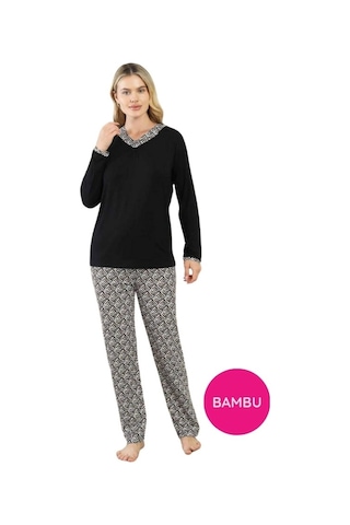 Alimer Kadın Düğmesiz V Yaka Siyah Etnik Desen 3 Düğmeli Likralı Bambu Mevsimlik Uzun Kol Pijama Takımı Siyah