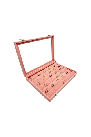 Camlı Küpe Koleksiyon Kutusu Süet Pembe