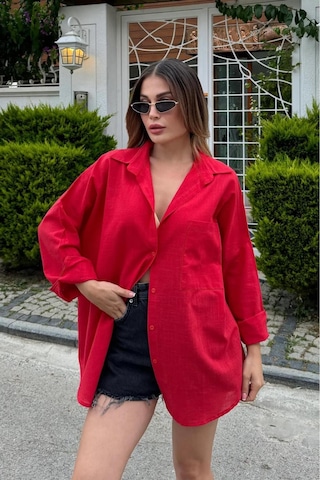 Rouge Basıc Oversize Keten Dokulu %100 Pamuk Salaş Gömlek Kırmızı