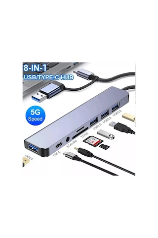 8 İn 1 Type-c Usb Hub Çoklayıcı Usb 3.0, Usb 2.0, Sd, Tf, Ses, Type-c Dönüştürücü-4938
