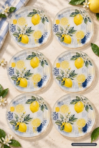 6 Lı Cam Tatlı Tabağı Limon Desenli Mavi Akdeniz Esintili 16 Cm, 6 Adet Tatlı Tabağı