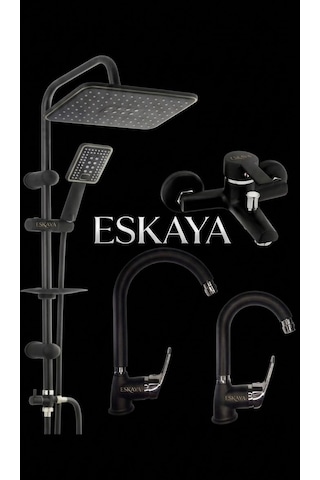 Eshome Siyah Krom 4lü Full Set Robot Duş Banyo Bataryası Banyo Lavabo Ve Mutfak Eviye Musluğu