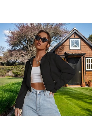 Kadın Kapüşonlu Fermuarlı Crop Hırka Sweatshirt -üç İplik Şardonlu