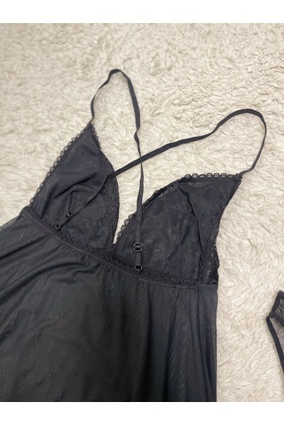 Siyah Dantel Detaylı Tül Babydoll Takım