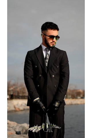 Dupont Classics Dupont Erkek Slim Fit 6 Drop Çizgili Kruvaze Viskon Çift Yırtmaç Takım Elbise Siyah