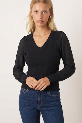 Armonika Kadın Siyah V Yaka Kolları Dantelli Bluz Arm-26k001081