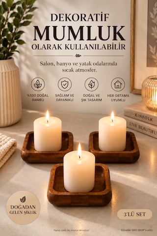 Bambu Kare 3'lü Çerezlik Kahverengi