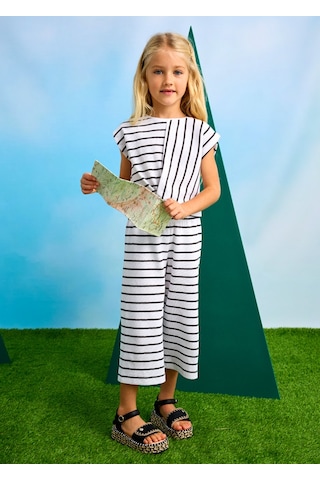 Mayoral 3559 Kız Çocuk Beyaz-antrasit Çizgili Pantolon Takım Beyaz