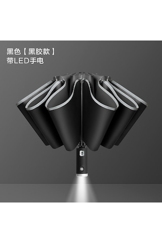 Lemestar 23 İç Çaplı 10 Kemikli Led Işık Ve Yansıtıcı Şeritli Otomobil Uyumlu Ters Katlanır Siyah Siyah Jeli Paraplyu - El Fonu Fenerli Günlük Kullanim Umbrella Siyah