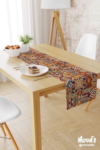 Etnik Kilim Desenli Baskılı Süet Runner Masa Örtüsü