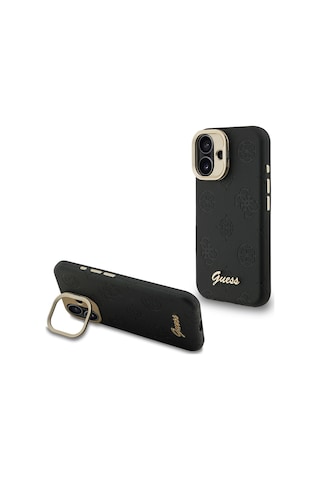 Apple Uyumlu iPhone 16 Kılıf Guess Lisanslı M safe Şarj Özellikli Kamera Standlı Pu Deri Peony Kapak Siyah
