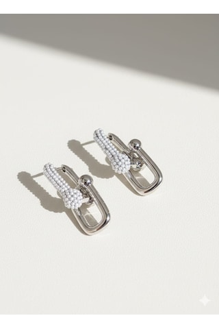 İnci Detaylı Gümüş Renk Modern Küpe Gümüş - Beyaz