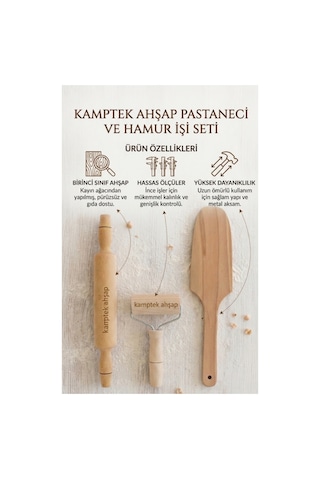 Kamptek Ahşap 3 Lü Mutfak Hazırlık Seti Merdane 35 Cm Rulo Merdane Hamur Çevirme Sptulası