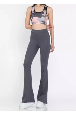 Unika Boutique Füme Yüksek Bel Kemerli Ispanyol Geniş Paça Scuba Krep Kumaş Tayt