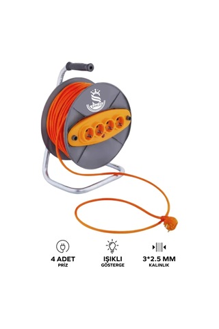 Makaralı 3x2,5 Mm 4 Prizli Seyyar Kablo 50 Metre 50 M