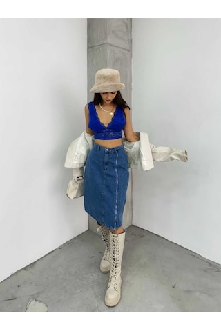 Shevega Kadın Mavi Ön Fermuar Detayli Kot Etek Mavi