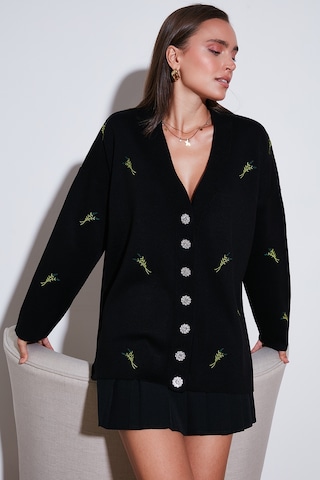 Lela Oversize Fit Desenli V Yaka Triko Bayan Hırka 4616193 Siyah